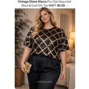 Vintage Diana Marco Sequined Silk Top Black Gold Diamond Deadstock NWT 18-20